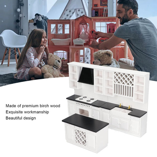 Dollhouse Kitchen Cabinet Set 1/12 Birch Wood Miniature Bar Counter for Dolls House Decoration Dollhouse Kitchen Cabinet Set