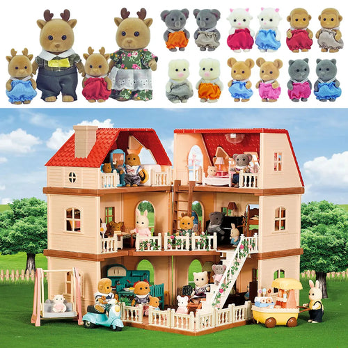 1:12 Miniature Dollhouse Furniture Kitchen Bathroom Bedroom Three Storey Cottage Forest Family Rabbit Figurine Animal Gift