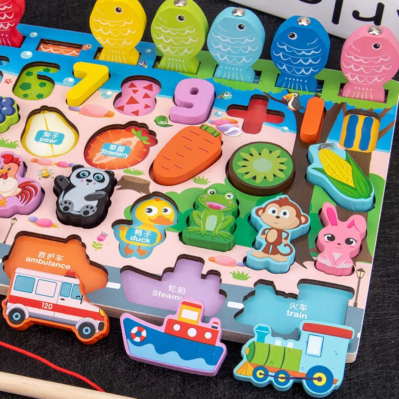 Seven-In-One Wooden Logarithmic Board Magnetic Fishing Game Children's Digital Cognition Educational Toys Multi-Function Operati