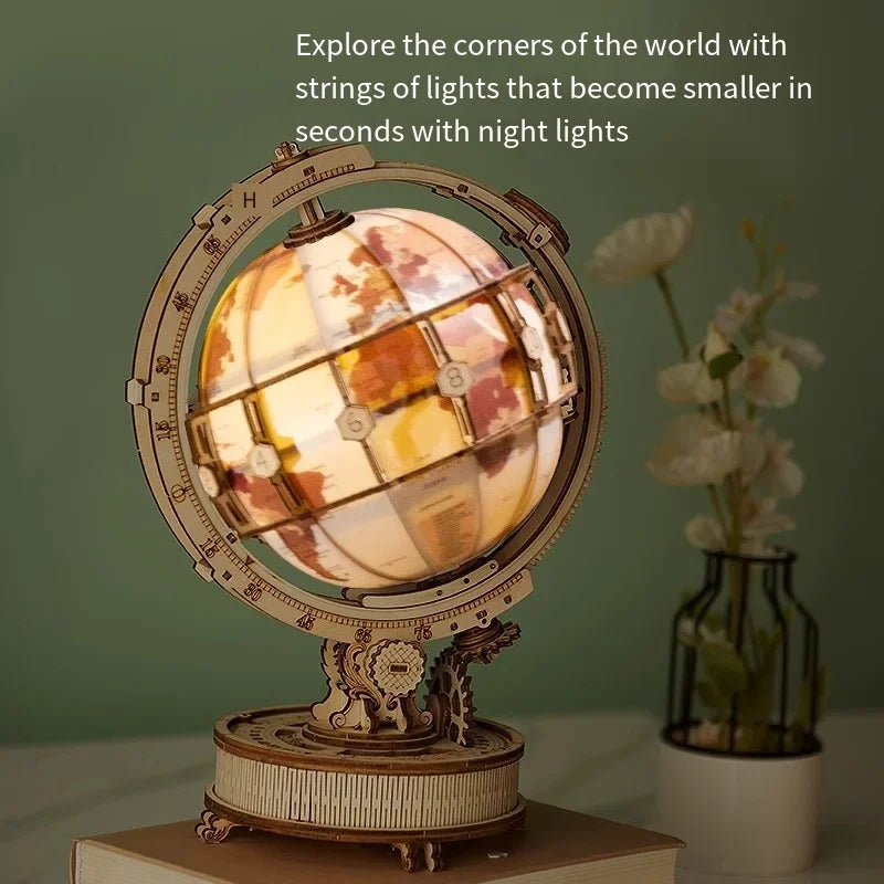 DIY wooden globe 3D puzzle assembly model toy creative ornament toy with lighting suitable as a birthday gift for children/adult