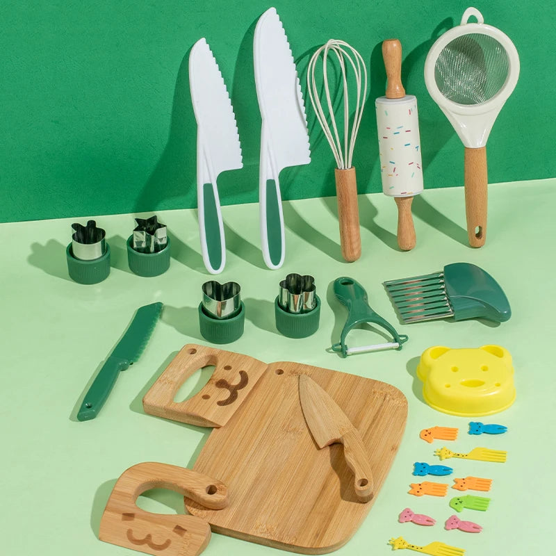 Wooden Kids Safe Knife and Kids Baking Set Toddler Montessori Kitchen Tools Cooking and Baking for Kids Little Chefs Gift