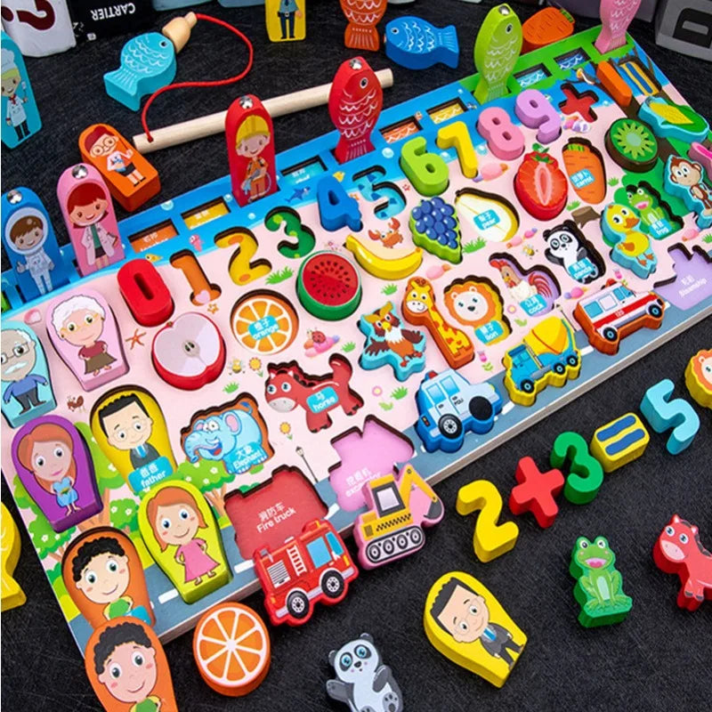 Seven-In-One Wooden Logarithmic Board Magnetic Fishing Game Children's Digital Cognition Educational Toys Multi-Function Operati
